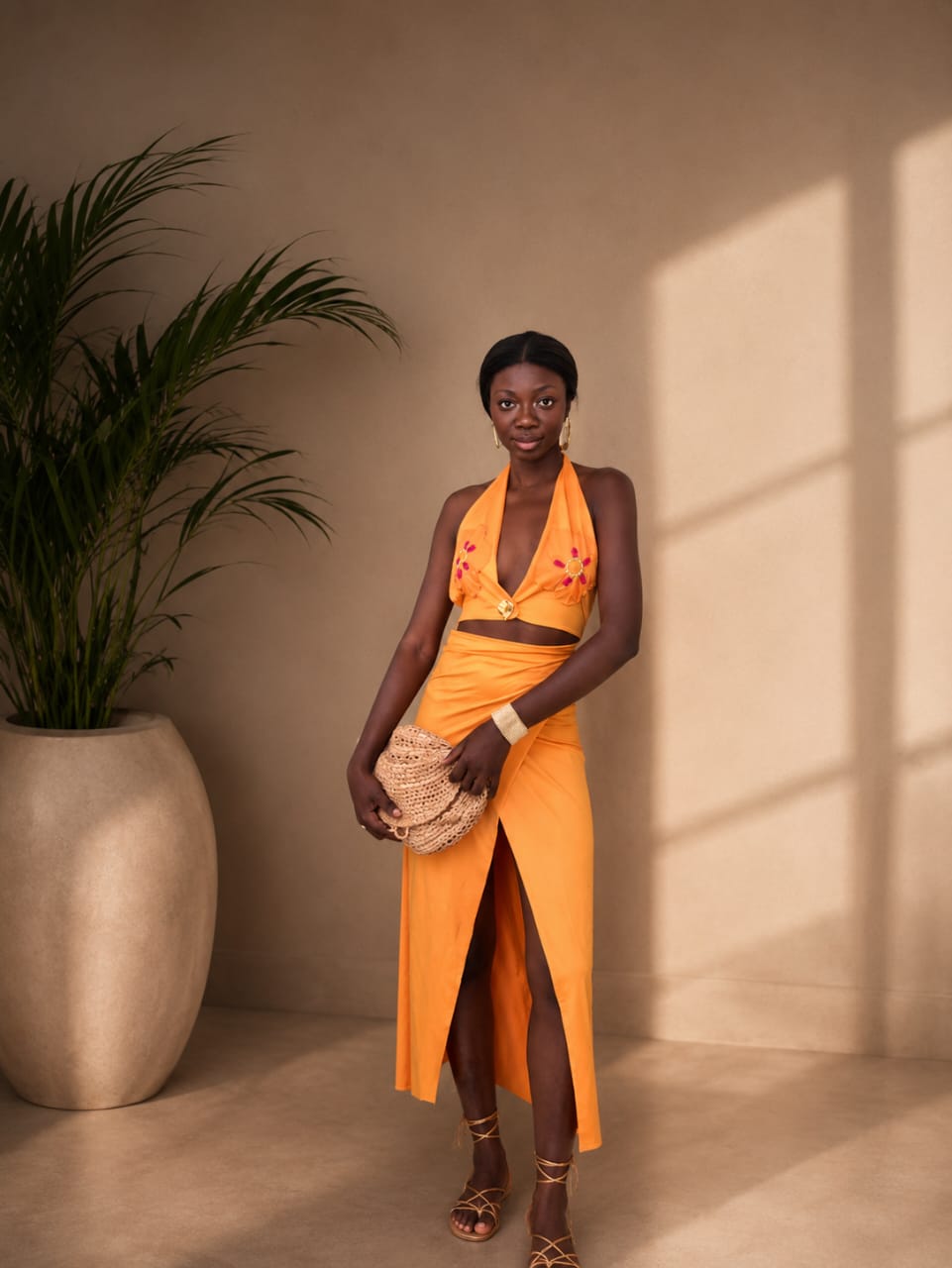 Robe orange épaule dénudée, coupe sirène